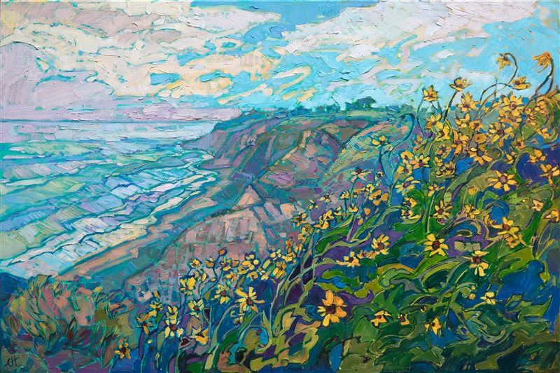 Torrey Pines wildflower San Diego landscape oil painting for sale by local artist Erin Hanson