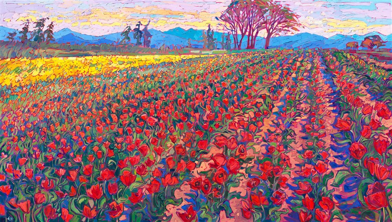 Large landscape oil painting for sale by contemporary impressionist artist Erin Hanson, depicting the Woodburn tulip fields in Oregon wine country.