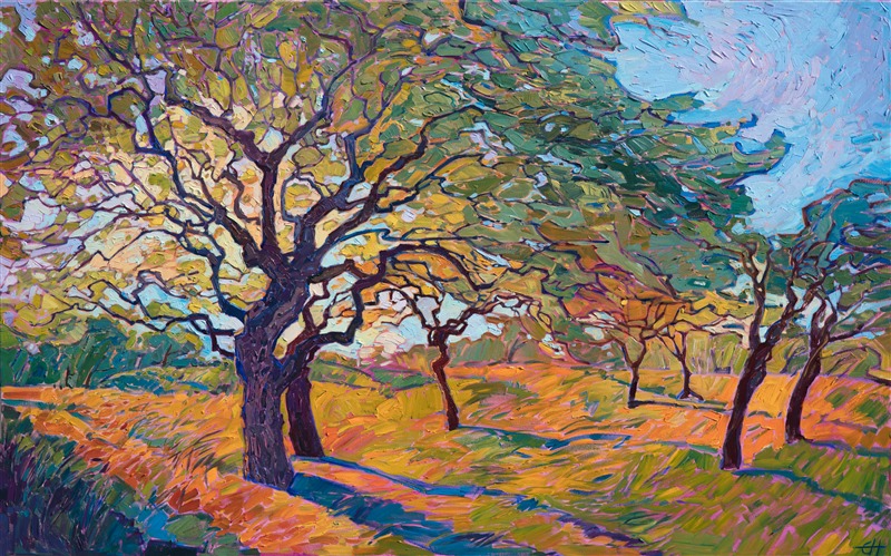 Oak tree painting in a contemporary open impressionist style, by Erin Hanson.