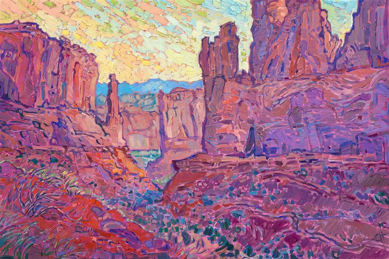 Oil painting of Arches National Park southern Utah red rock landscape by American impressionist Erin Hanson