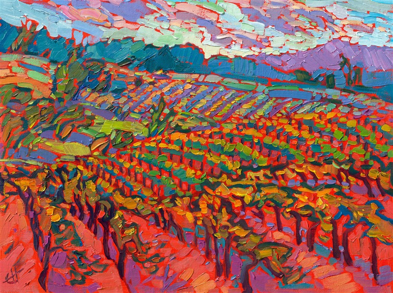 Oregon wine country landscape painting of vineyards, by local impressionism artist Erin Hanson.