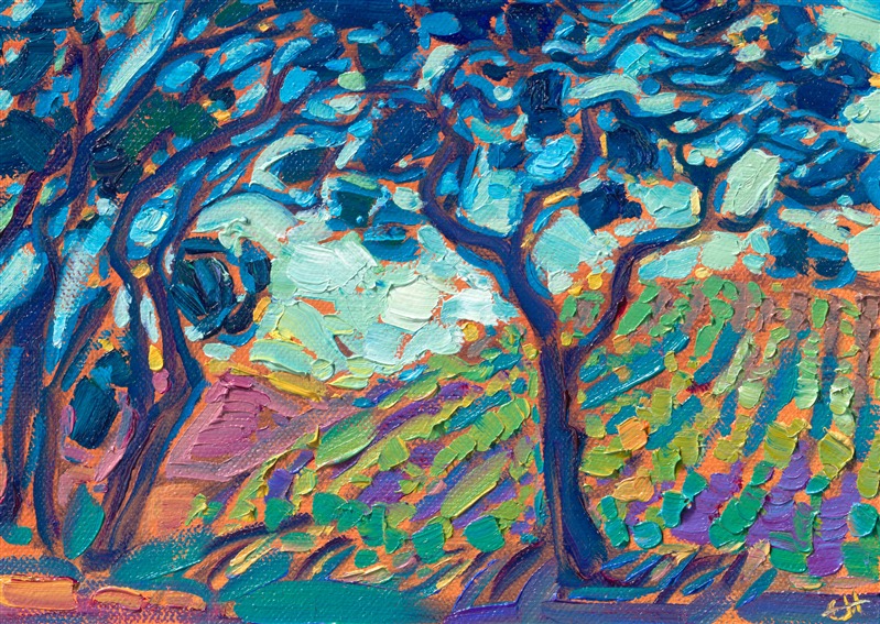 Petite miniature landscape painting of vineyards in Paso Robles, by Erin Hanson.