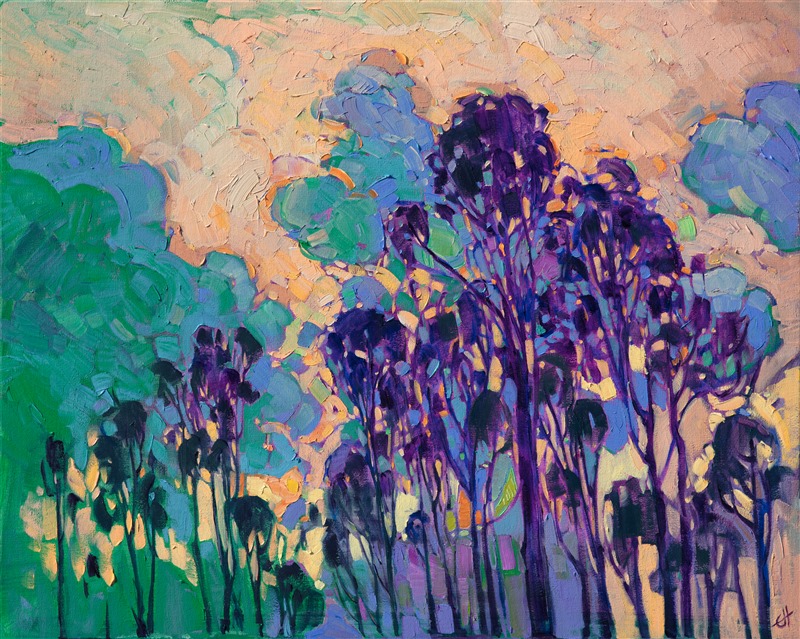 Eucalyptus tree oil painting with a colorful sky in thick oil paints, by Erin Hanson.