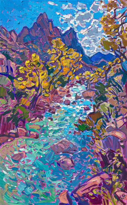 Watchman peak in Zion National Park original oil painting and art prints for sale by famous Southwest impressionism painter Erin Hanson.