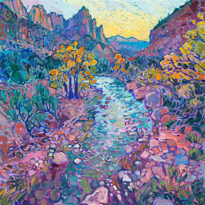 Oil painting of the watchman at Zion, vista of Zion from the bridge, colorful impressionism painting by Erin Hanson.