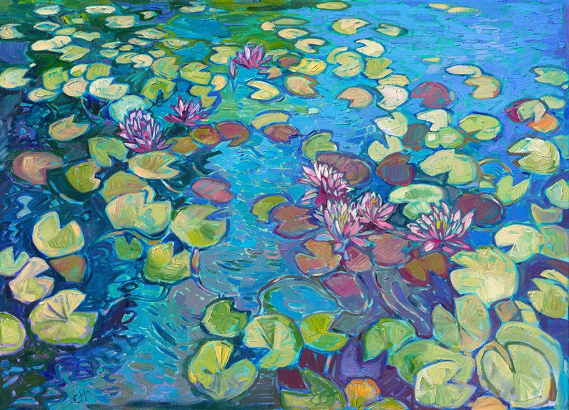 Painting of water lilies in France, original oil painting in a contemporary impressionist style, by Erin Hanson.