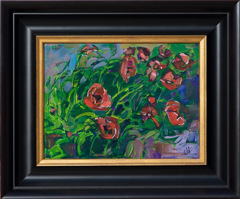 Impressionistic painting of red poppies in spring by Erin Hanson in black and gold frame