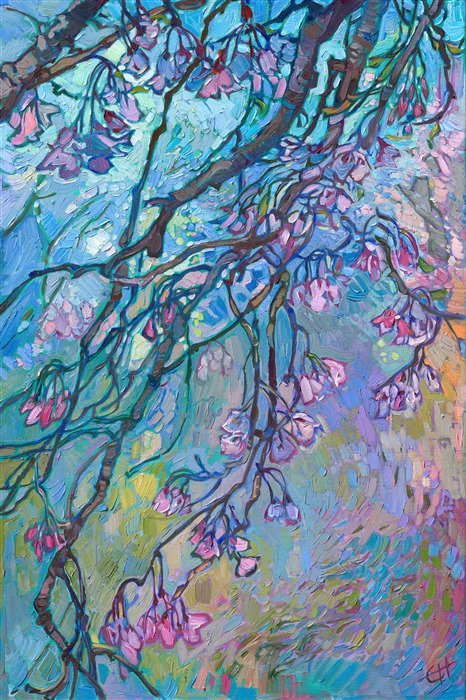 Painting of sakura Japanese weeping pink cherry blossoms, by American impressionist Erin Hanson.