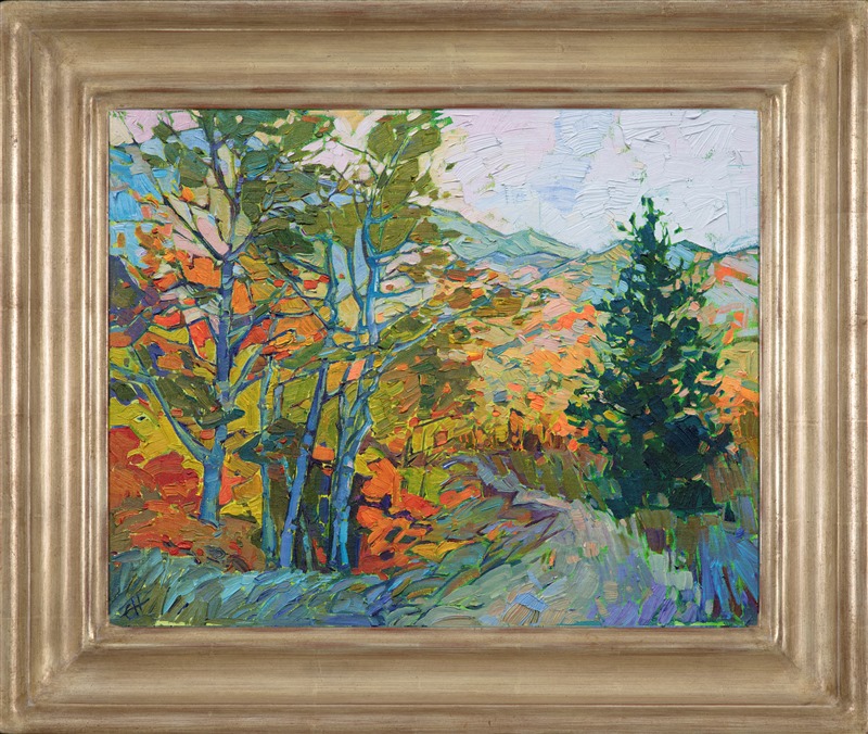 Impressionist landscape of White Mountain in fall in champagne carved frame by California artist Erin Hanson