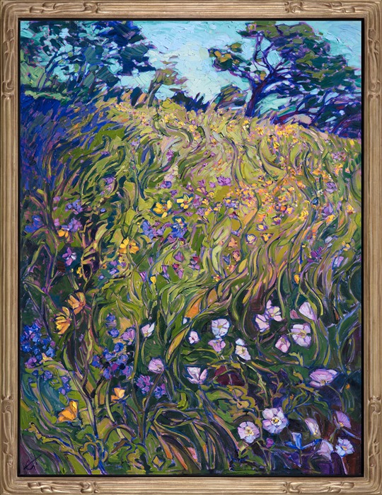 Abstract floral painting with lilac colors framed in a champagne Open Impressionism frame painted by impressionist Erin Hanson