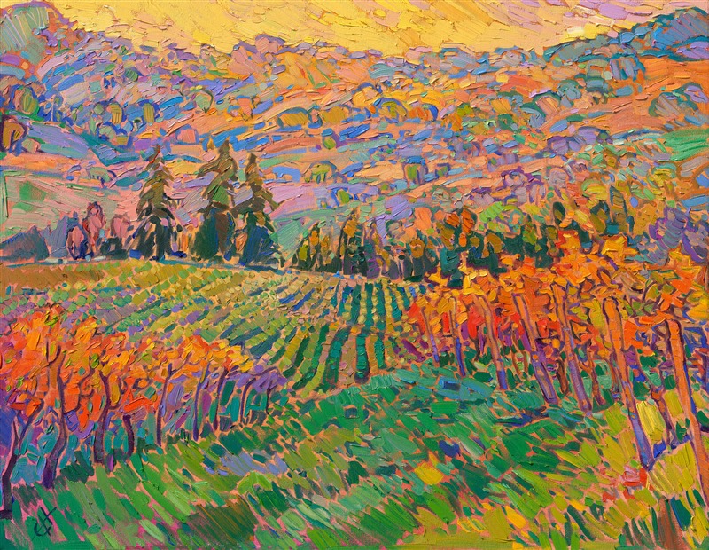 Impressionist painting of Oregon wine country, painting of Dundee Hills in the Willamette Valley, by local artist and oil painter Erin Hanson.