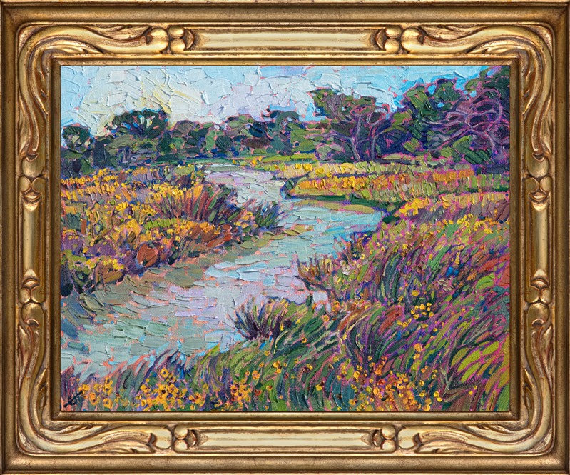 Texas oil painting of yellow wildflowers bordering a stream by contemporary impressionist artist Erin Hanson framed in a gold Open Impressionist frame 