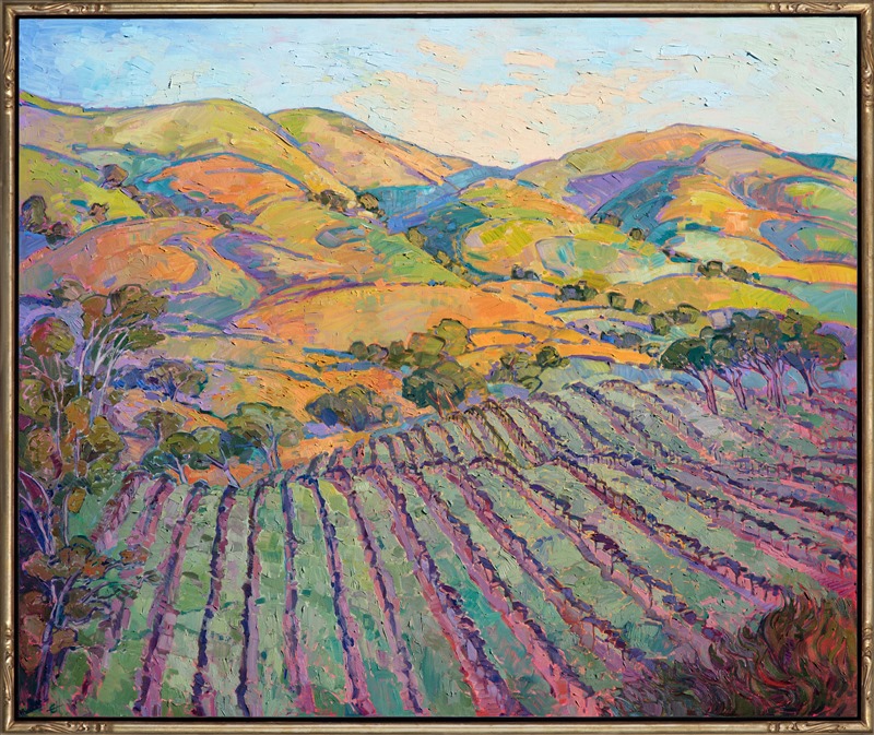 Large sized oil painting of California wine country scenery, with vineyards and rolling hills, in a colorful, expressionistic style framed in hand carved gold frame.