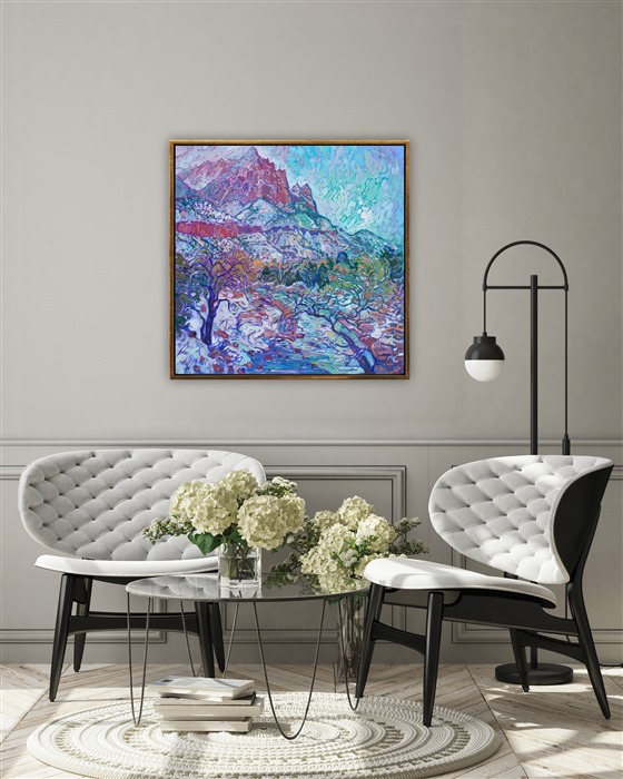 Winter snow painting hanging in a cool room