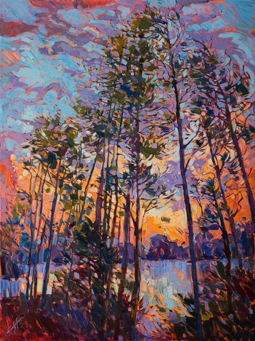 Lake Woodlands original oil painting by contemporary impressionist landscape painter Erin Hanson.