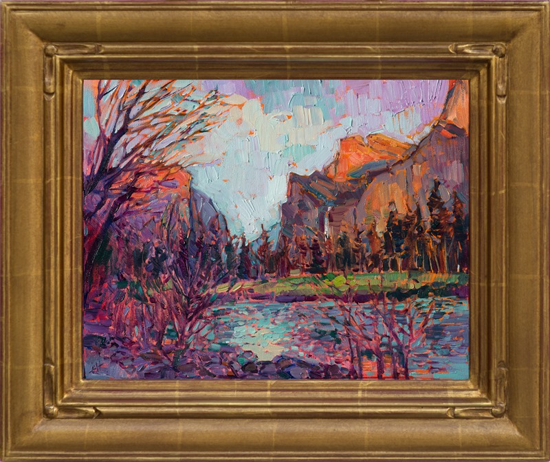 Yosemite landscape oil painting in a hand-carved impressionist frame.