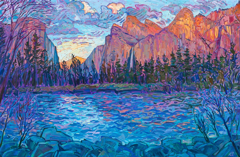 Impressionist painting of Yosemite National Park, by famous American artist Erin Hanson.