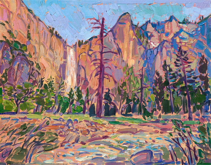 Yosemite Light, original landscape oil painting by modern impressionist painter Erin Hanson, famous Yosemite painting for sale.