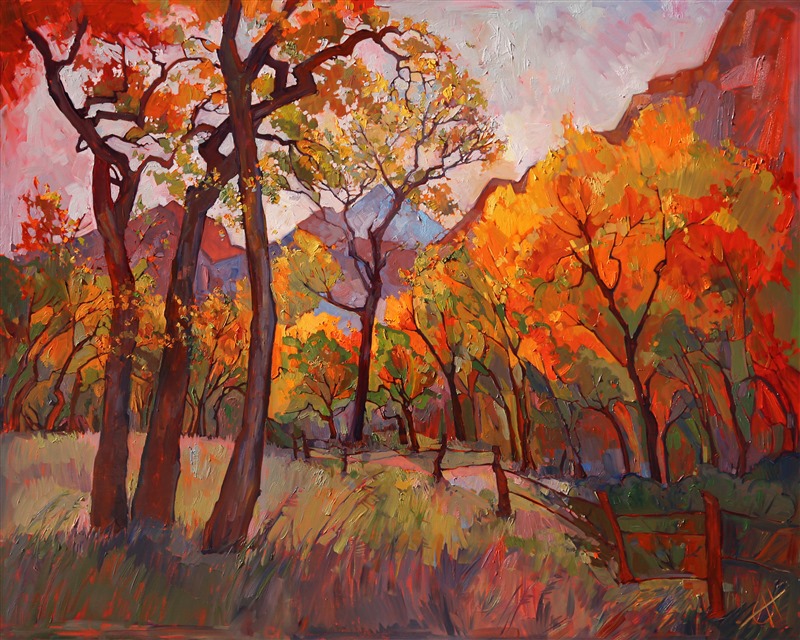 Fall colors at Zion National Park, painted in expressive oils by Erin Hanson