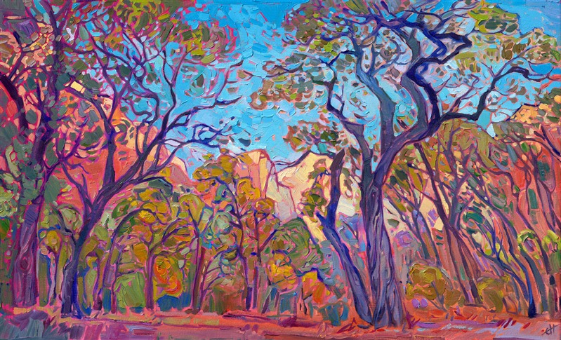 Painting of cottonwoods at Zion National Park in autumn, American impressionist painting for sale by Erin Hanson