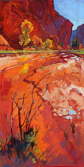 Zion red rock cliffs original oil painting by Erin Hanson