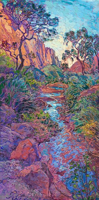 Oil painting landscape of Zion National Park, view of Zion canyon, by famous American impressionist Erin Hanson.