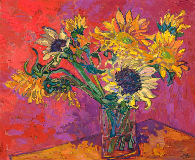 24 karat gold leaf sunflower still life oil painting by modern impressionist Erin Hanson.