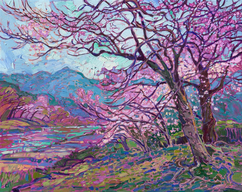 Kyoto Japan landscape art for sale Japanese cherry blossom painting artwork in a colorful impressionism painting style by famous artist Erin Hanson