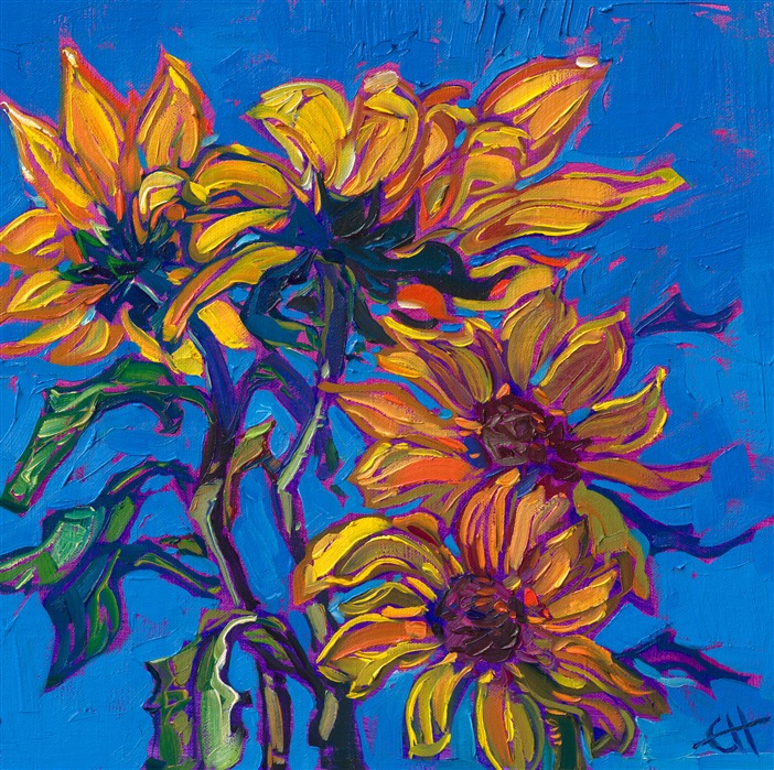 Impressionist sunflowers on blue sky, sunflower painting after van Gogh, by modern impressionist painter Erin Hanson.