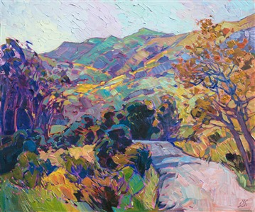 Oil painting of Carmel California scenery with colorful hills and trees by contemporary artist Erin Hanson Painting California Dreaming