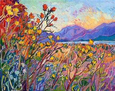 Colorful impressionism painting of Washington northwestern landscape mountains and flowers, by Erin Hanson Painting Dawning Hues
