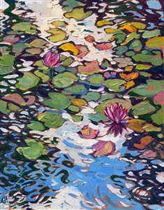 Small painting of Monet's water liiy garden, by Erin Hasnson, modern master impressionist and creator of Open Impressionism. Painting Lilies and Clouds