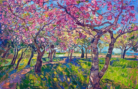 Painting of northwestern cherry blossoms spring landscape oil painting in an modern impressionism style by local artist Erin Hanson. Painting Cherry Lights