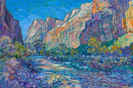 Abstract impressionism painting of Zion Canyon in southern Utah, by Erin Hanson Painting Zion Canyon