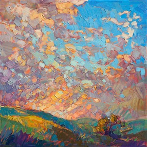 Dramatic sky painting by modern impressionist and landscape artist Erin Hanson Painting Mosaic Sky