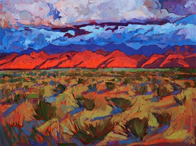 Brilliant sunset color captured in a desert palette by artist Erin Hanson Painting Arizona Storm