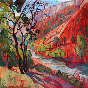 Zion National Park contemporary landscape oil painting by Erin Hanson Painting Patterns in the Shade