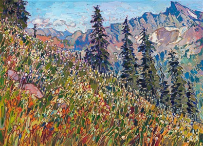 View from Mt Ranier Washington northwest impressionism landscape painting by Erin Hanson. Original oil painting, prints, and 3d Textured Replicas are available for art collectors. Painting Cascade Peaks