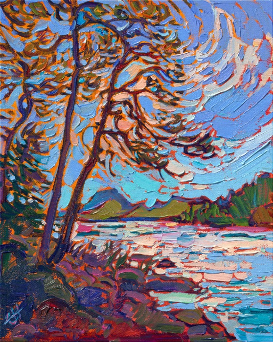 Small oil painting of Acadia National Park, by famous impressionist painter Erin Hanson who invented Open Impressionism.