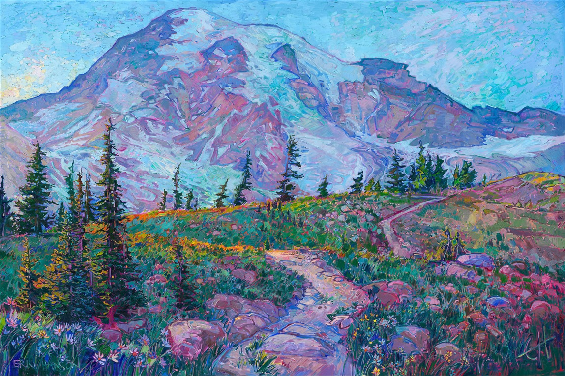 Large oversized oil painting of Mt Rainier, Washington Cascades, by famous American impressionist Erin Hanson