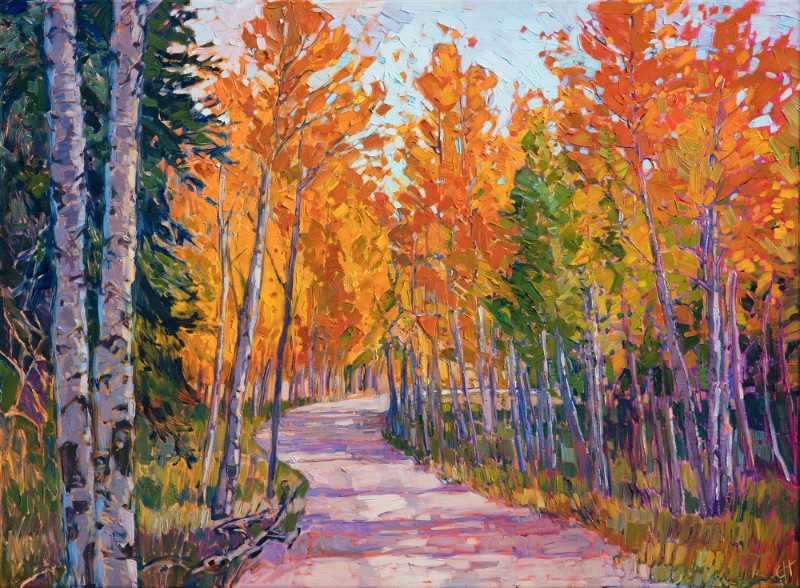 Aspen trees oil painting in a modern impressionism style, full of expressive color, by artist Erin Hanson.