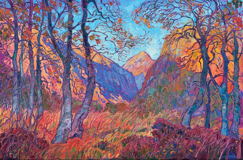 Painting of fall colors in Norway, in a contemporary impressionist modern landscape oil painting style, for sale by artist Erin Hanson.