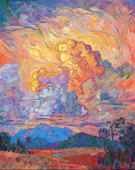 Epic billowing sunset clouds in a modern impressionism style, by master painter Erin Hanson. Artist workshops are now available!
