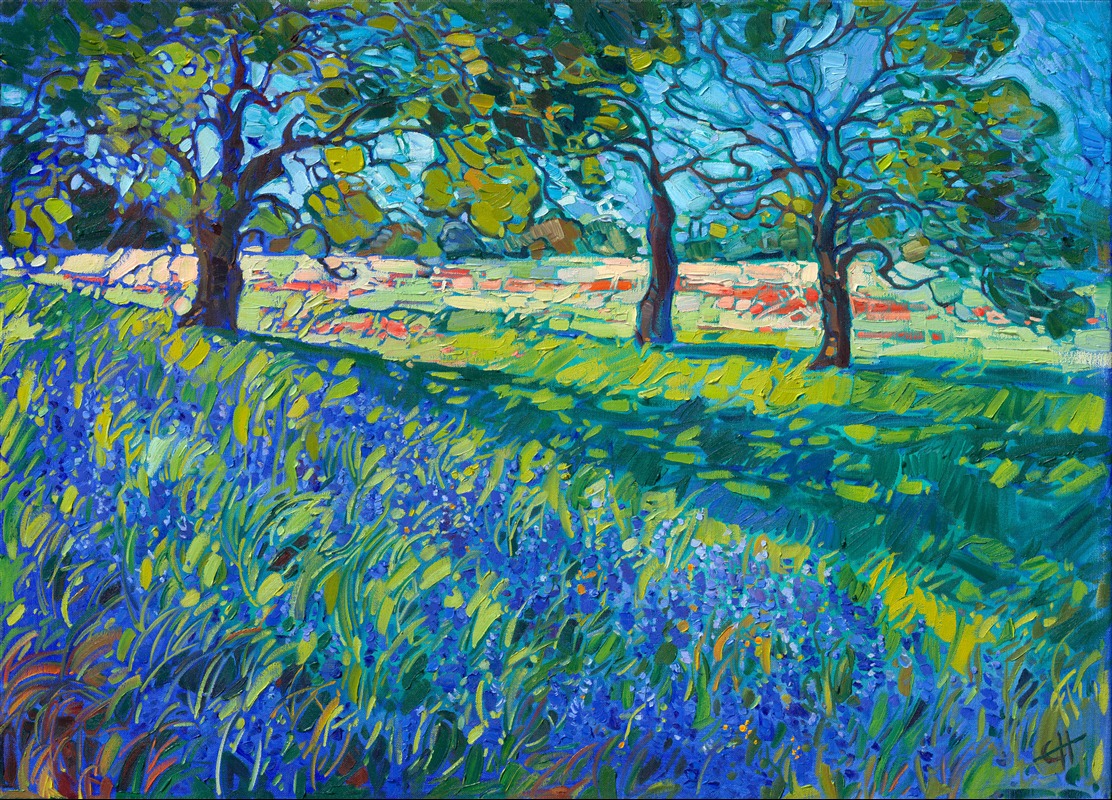 Original oil painting of Texas Hill Country bluebonnets. Keep the beauty of Texas Hill Country in bloom year-round with this painting. Prints and textured replicas are available for purchase in a variety of sizes and frame options.