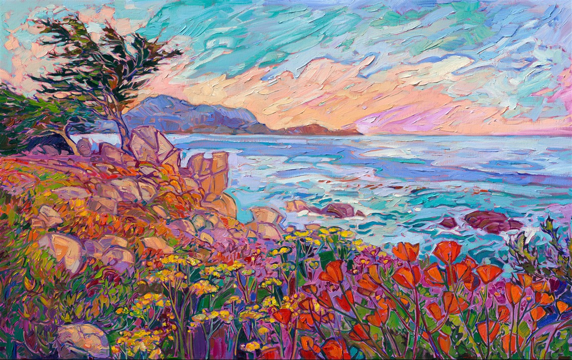 Oil painting by American impressionist Erin Hanson, capturing the colors and textures of Monterey and Pebble Beach, California. Prints and replicas are also available for purchase.