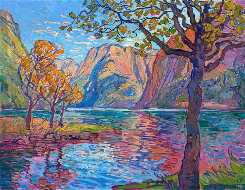 Modern impressionism painting of Geirangerfjord, one of Norway's most popular fjords.
