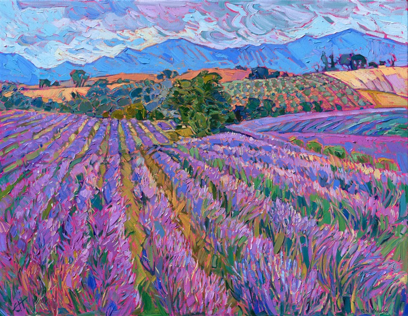 Painting of lavender fields in Provence, France, by American impressionist Erin Hanson.