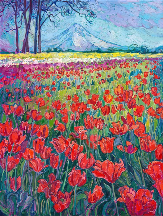 Wooden Shoe Woodburn Tulip Festival painting of springtime Oregon landscape with Mt Hood, original impressionism oil painting and reproductions available for sale at The Erin Hanson Gallery in McMinnville, Oregon.