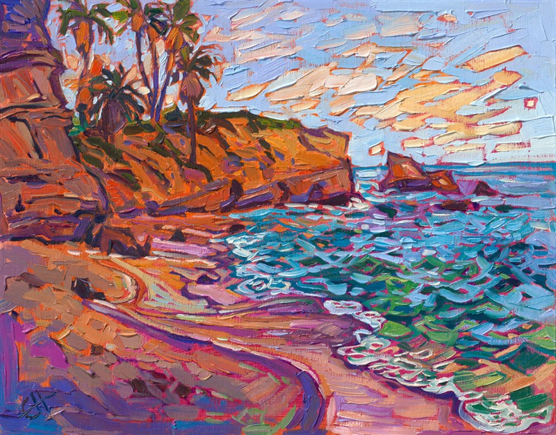 Petite oil painting of La Jolla Cove in San Diego, by modern impressionist Erin Hanson, creator of Open Impressionism.