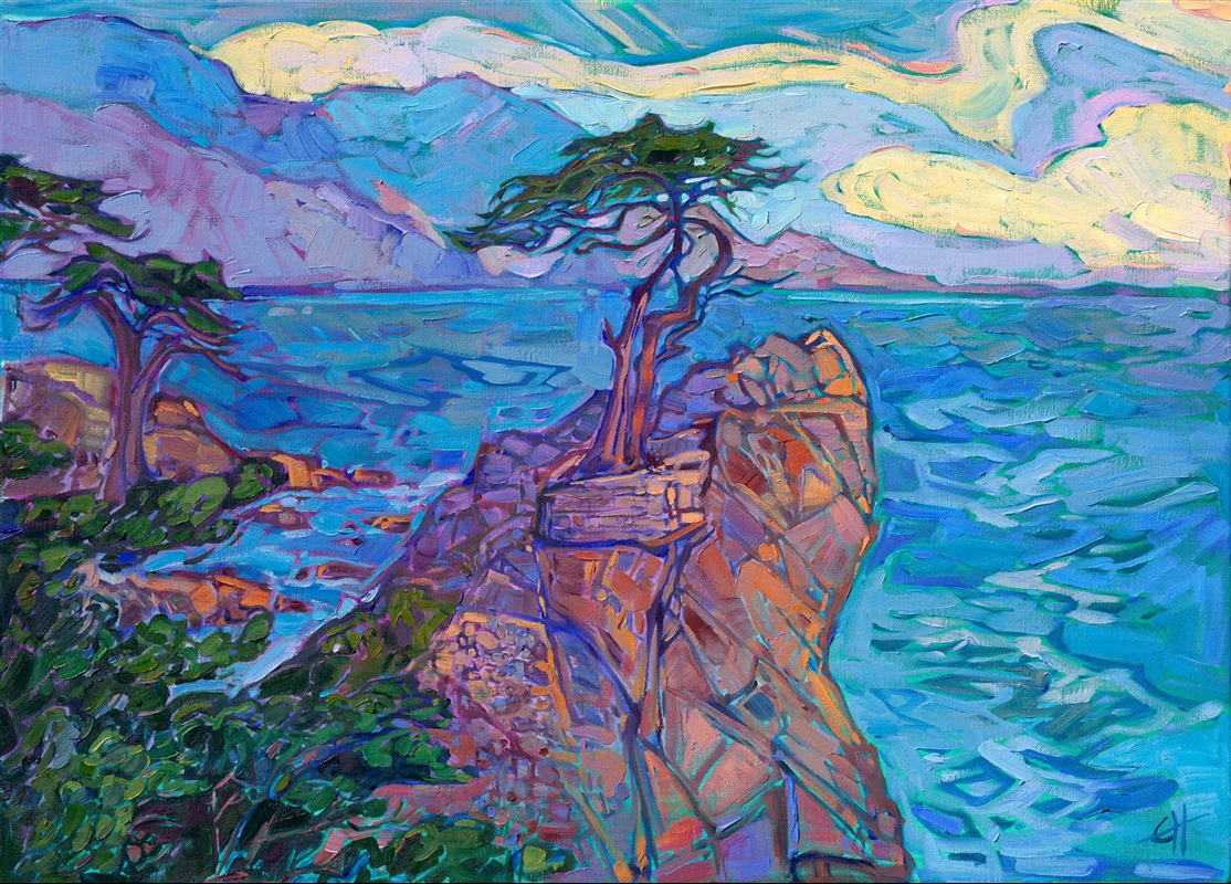 Painting of Pebble Beach Lone Cypress 17 Mile Drive landscape painting by American impressionist Erin Hanson, creator of Open Impressionism.